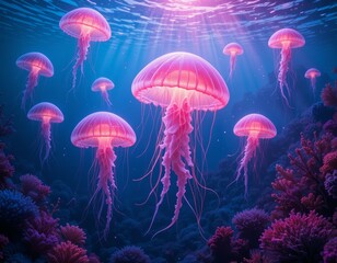 Enchanted Underwater Scene: Pink Jellyfish Dance Among Vibrant Coral Reefs