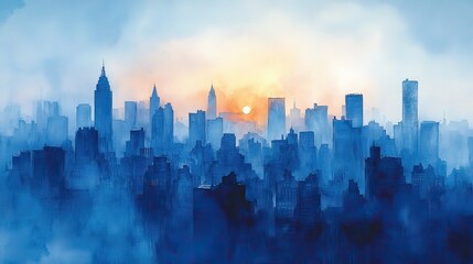 Fototapeta premium A watercolor painting depicts buildings in shades of blue