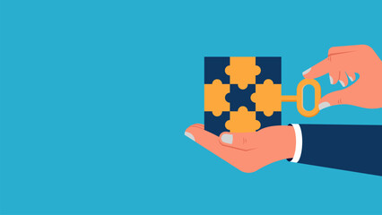 Illustration of Blue Background of business, success, Entrepreneur, concept of hand Inserting Puzzle with Key as a symbol of Towards Success