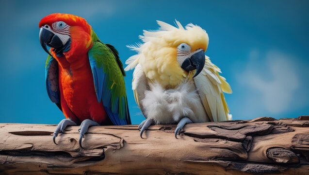 Bright blue and yellow macaw parrots, also known as blue and gold aras, are colorful tropical birds with powerful beaks and vibrant feathers