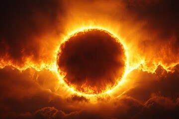 Stunning solar eclipse creating a fiery halo effect over the clouds at sunset