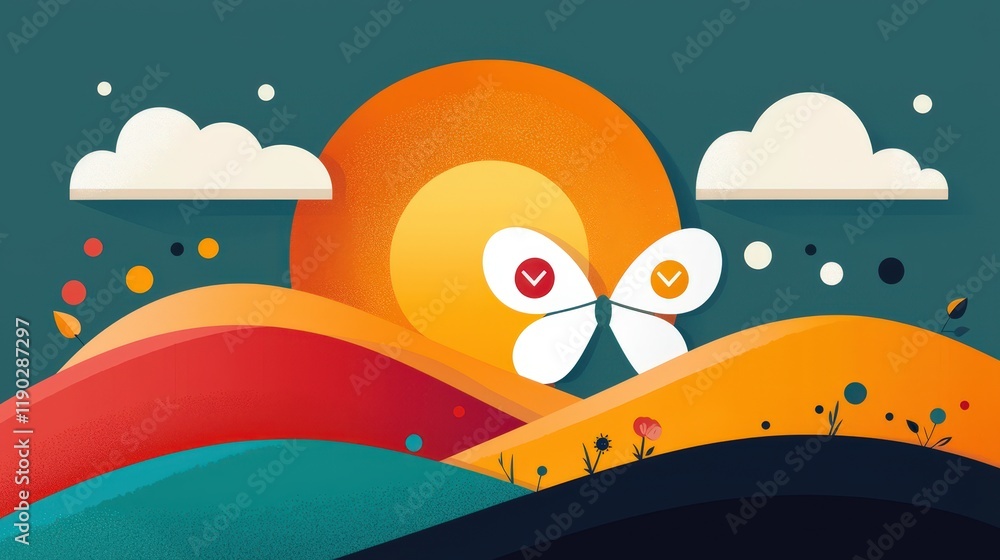 Poster a symbolic image of a sunrise over a field with signs of equality and acceptance.