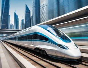 Fototapeta premium High-Speed Train, Futuristic Cityscape, Motion Blur, Speed, Travel