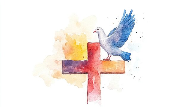 Watercolor Christian Cross and Dove of Peace Illustration
