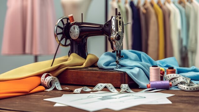 A beautifully maintained vintage sewing machine surrounded by an array of colorful fabric swatches, measuring tapes, and a wooden table adorned with sketches of dress designs