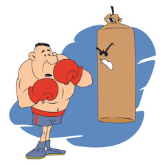 Funny afraid boxer with punching bag.