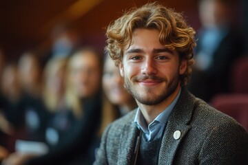 Fototapeta premium Young man with curly hair smiles at an event in a crowded venue during a daytime gathering