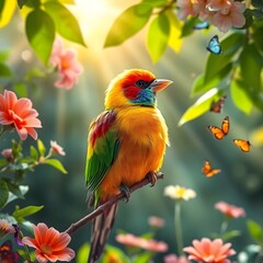 Obraz premium Bright Lovebird Sitting on Tree Branch - A Beautiful Natural Moment - Green Red Yellow Color