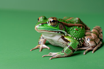 Fototapeta premium A vibrant green frog with stunning skin patterns and textures, perched on a green surface against a matching background, blending naturally and creating a harmonious scene. 