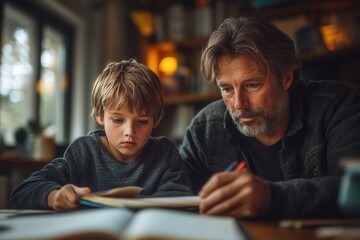 Father and son engage in focused study session at home during early evening hours
