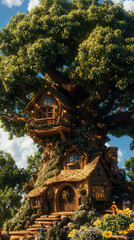 Naklejka premium Enchanted Treetop Home: A whimsical dwelling nestled within a majestic ancient tree, adorned with glowing lights and vibrant flora.