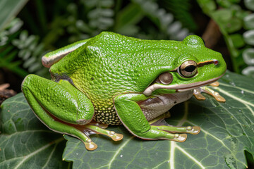Obraz premium A detailed close-up of a vibrant green tree frog sitting on a leaf with textured patterns, surrounded by lush greenery in a natural habitat. 