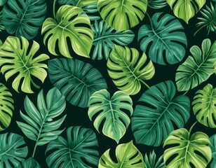 Lush Tropical Monstera Leaves Seamless Pattern: Vibrant Green Foliage Background for Textile Design