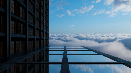 Fototapeta premium Futuristic Library Suspended in the Sky with Sleek Design and Serene Atmosphere
