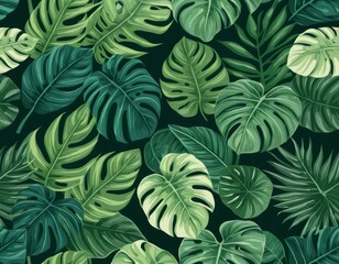 Fototapeta premium Lush Tropical Monstera Leaves Seamless Pattern: Vibrant Green Foliage Background for Textile, Wallpaper, and Design
