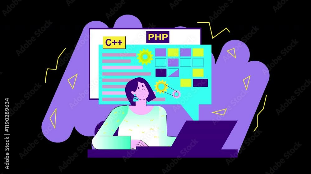 Poster a person working on programming languages with charts and icons, set in a colorful digital workspace
