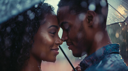 a couple dancing in the rain, with umbrellas in hand, celebrating the joy of spontaneity and togetherness
