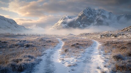 Snowy mountain path at sunrise.