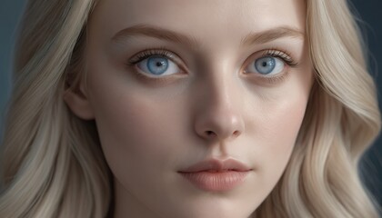 Fototapeta premium Stunning Closeup Portrait of a Blonde Woman with Captivating Blue Eyes, Soft Lighting, and Smooth Skin Texture