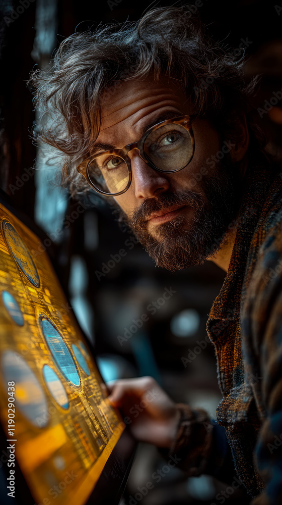 Aufkleber intrigued man with glasses examining a data display