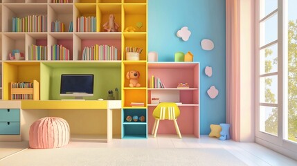 Interior of a children's room with a computer on the table, bookshelves with books and a window. 3d rendering. Colorfully decorated children's room, bright colors.