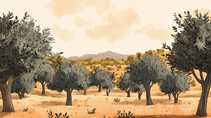 A botanical illustration of olive trees with earthy color schemes.