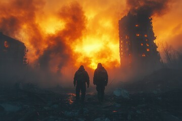 Fototapeta premium Two figures walk through a war-torn landscape engulfed in flames during a dramatic sunset in a damaged city