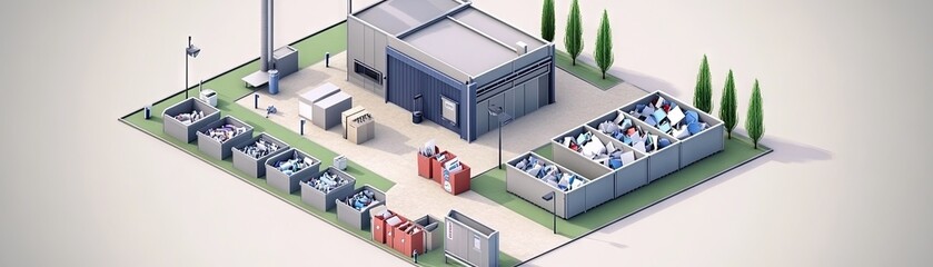 Isometric Illustration of a Waste Management Facility with Sorting Bins and Recycling Areas