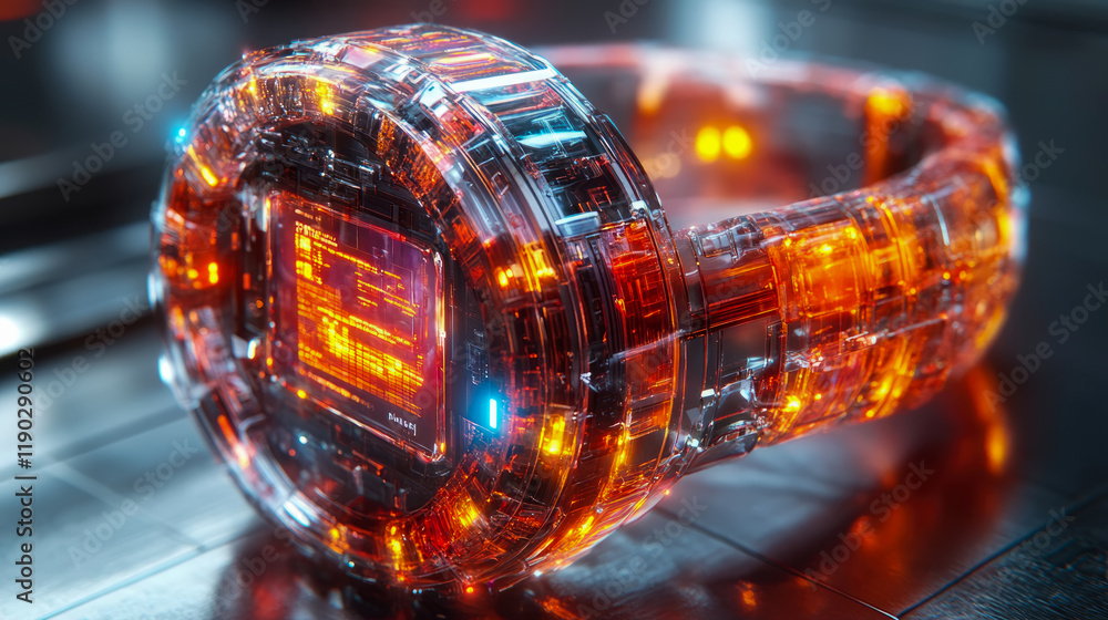 Poster futuristic transparent device with glowing orange circuits and display screen