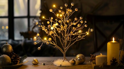 A small decorative tree with twinkling lights and seasonal ornaments. The setup radiates festivity and charm.