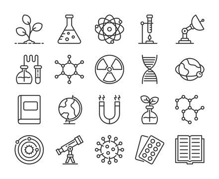 Science icons. Natural science line icon set. Editable Stroke.