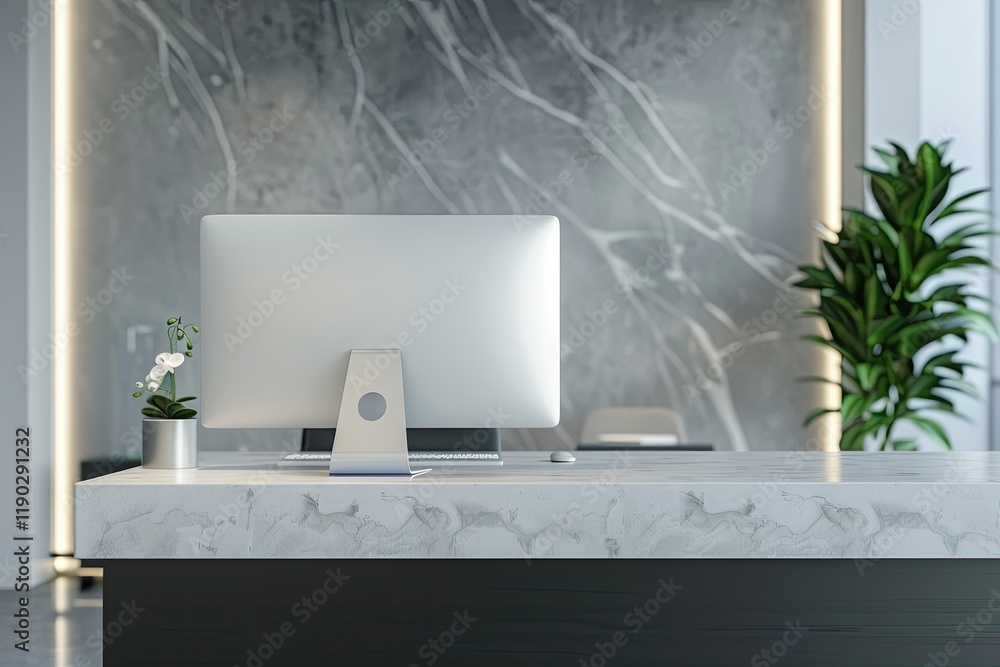 Poster detailed picture of reception desk with blank computer screen
