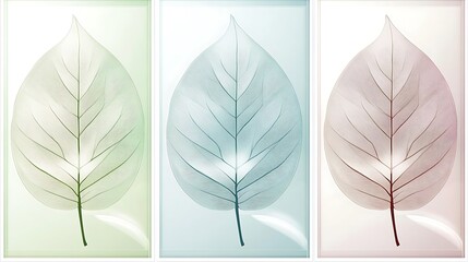 Obraz premium Three translucent leaves in green, blue, and red hues.