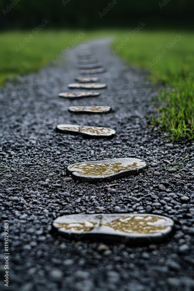 Poster a symbolic pathway with footprints of various sizes, symbolizing inclusion and equality.