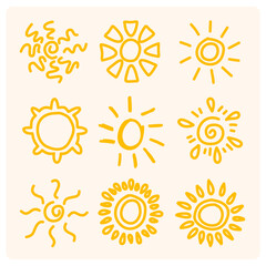 Hand drawn sun icon set with background cream