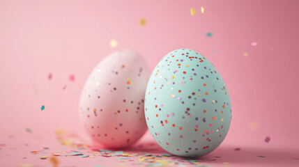 Two speckled pastel Easter eggs on a pink background, surrounded by colorful confetti, creating a lively and whimsical springtime atmosphere.
