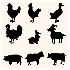 Set of silhouettes of animal on a white background