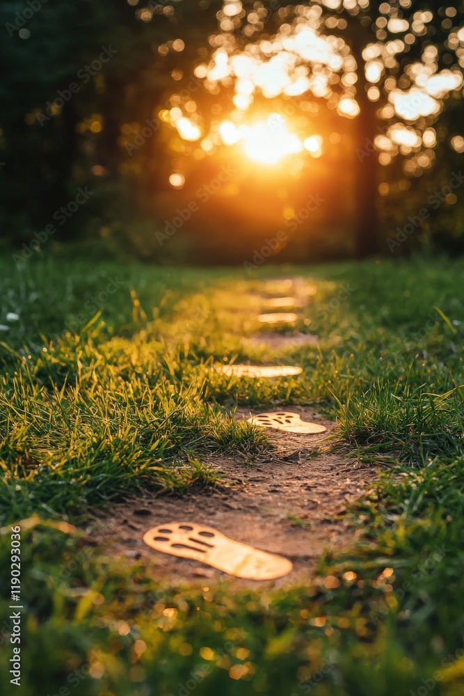 Poster a symbolic pathway with footprints of various sizes, symbolizing inclusion and equality.