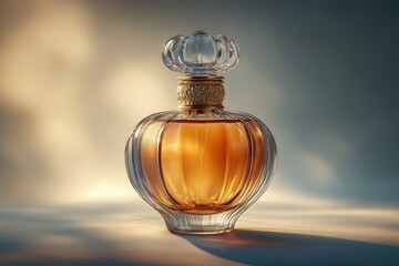 Elegant glass perfume bottle with golden liquid reflecting soft light