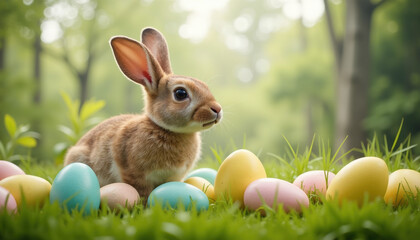 Rabbit sitting among colorful Easter eggs in green meadow