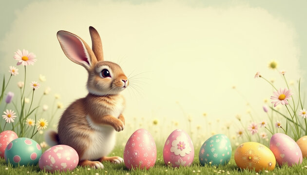 Cute rabbit with colorful eggs in a spring flower field