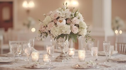 Elegant Wedding Centerpiece Pastel Roses Hydrangeas and Lilies in Silver Vase
