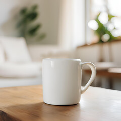 Obraz premium Blank white mug close up mockup on blur living room background.