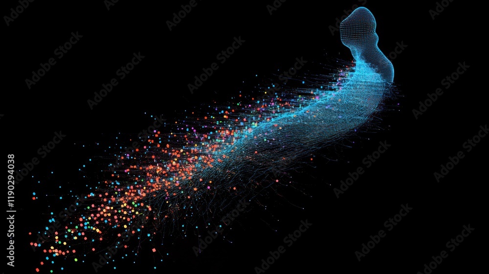 Poster digital transformation: abstract figure disintegrating into colorful data stream