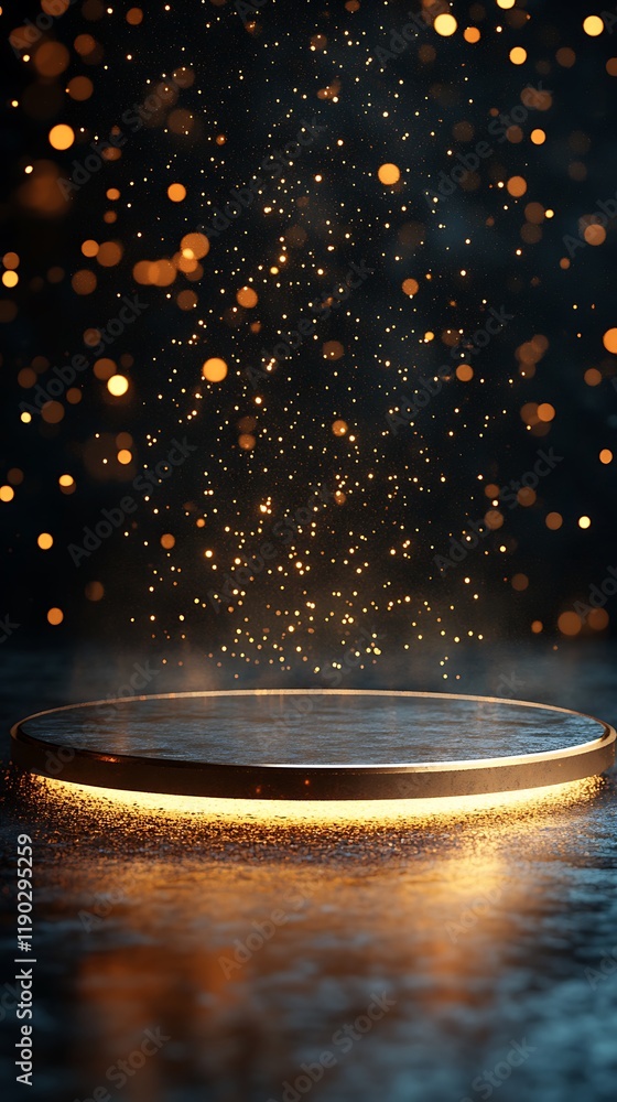 Aufkleber Illuminated Podium: An empty circular podium with a soft glow, bathed in the ethereal light of a shimmering background, creating a mysterious and captivating scene.