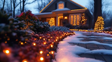 A well-lit garden and walkway showcasing different sizes of lights around the front yard and house