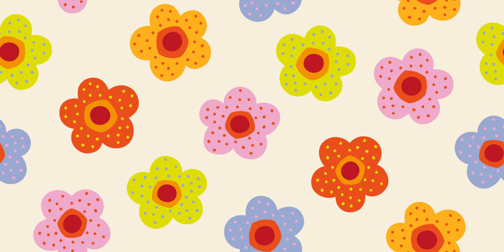 Fototapeta Hand drawn floral seamless pattern with childish style and pastel color. Design for fabric, textile, covers, gift wrap, wallpaper.