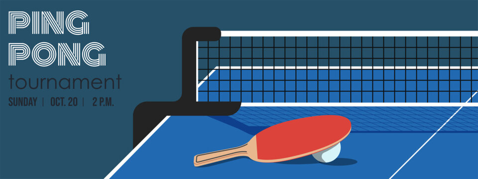 Vector horizontal Banners for Table Tennis tournament with copy space. Ping pong ball and table tennis bat on gambling table. Trendy banner for championship, ads, sport section.