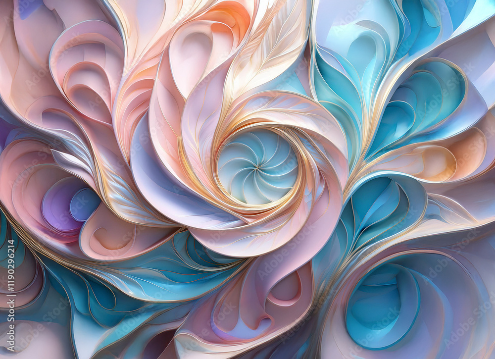 Poster abstract swirling floral design. pastel colors create a three-dimensional, layered effect against a 