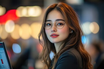 Fototapeta premium Confident young woman with glasses, glowing in modern workspace,